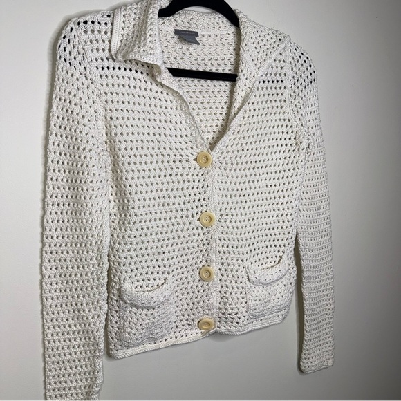 Ann Taylor Ivory Crochet Open-Knit Collared Button Up Cardigan - Picture 4 of 5